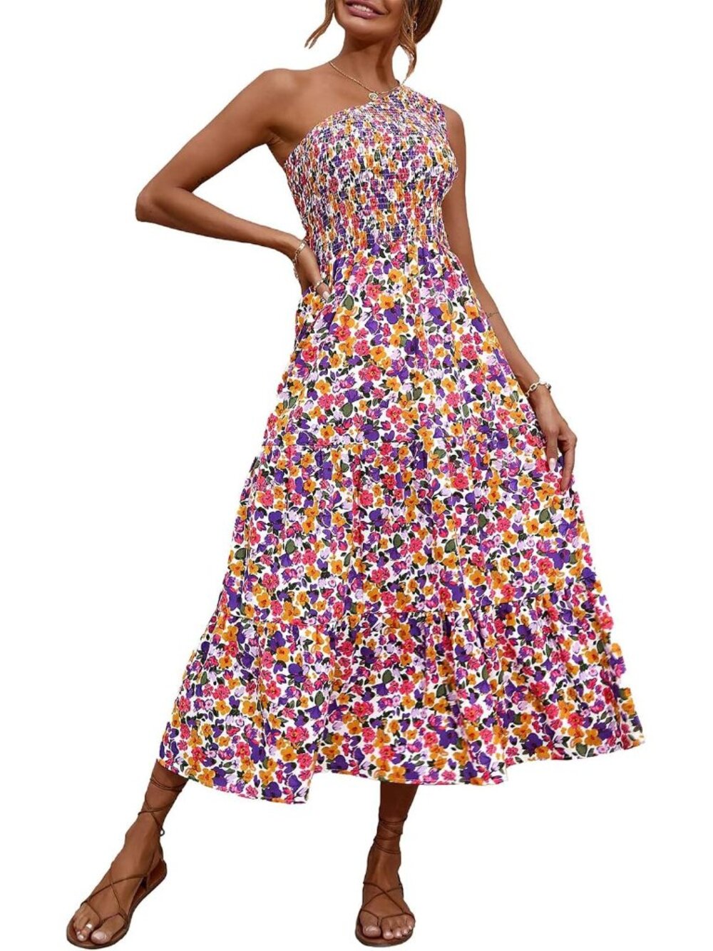 Summer Dresses 2026 Spring One Shoulder Floral Flowy Sundresses for Women Sleeve